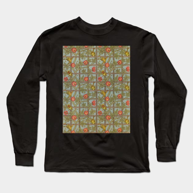 Garden Trellis with Birds Flowers Thorns Vintage Wallpaper Pattern Long Sleeve T-Shirt by softbluehum